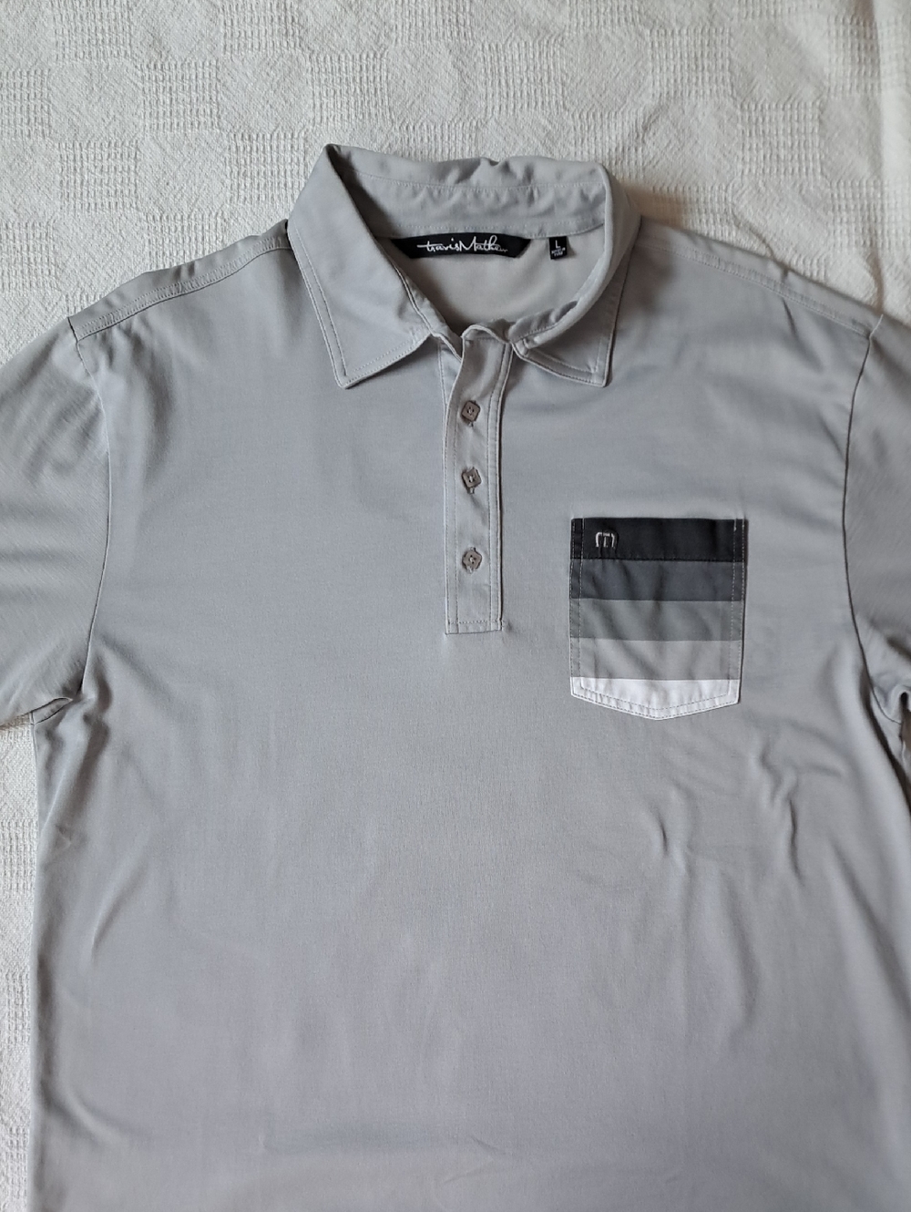 Travis Mathew Light Grey Polo with Striped Chest Pocket